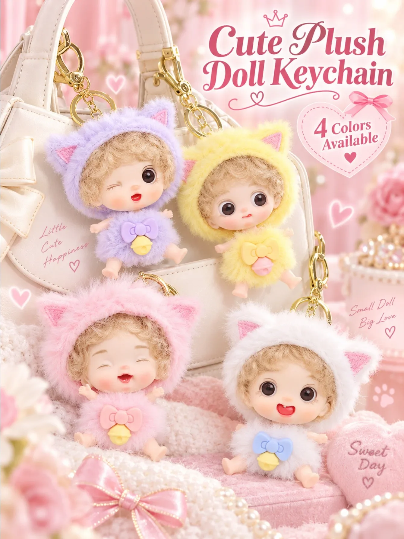 Kawaii Plush Baby Doll Keychain, Cute Cat Ear Doll Bag Charm, Soft Fluffy Pendant with Bow,Sweet  Style Backpack Accessory Gift