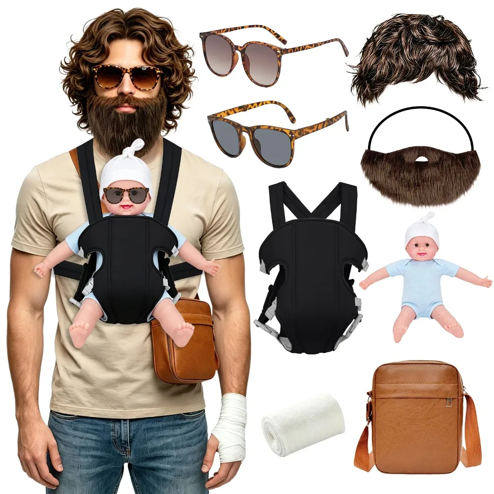 Halloween Movie Cosplay Accessories Set Doll Baby Carrier Brown Wig Fake Beard Moustache Crossbody Bag Sunglasses Bandage