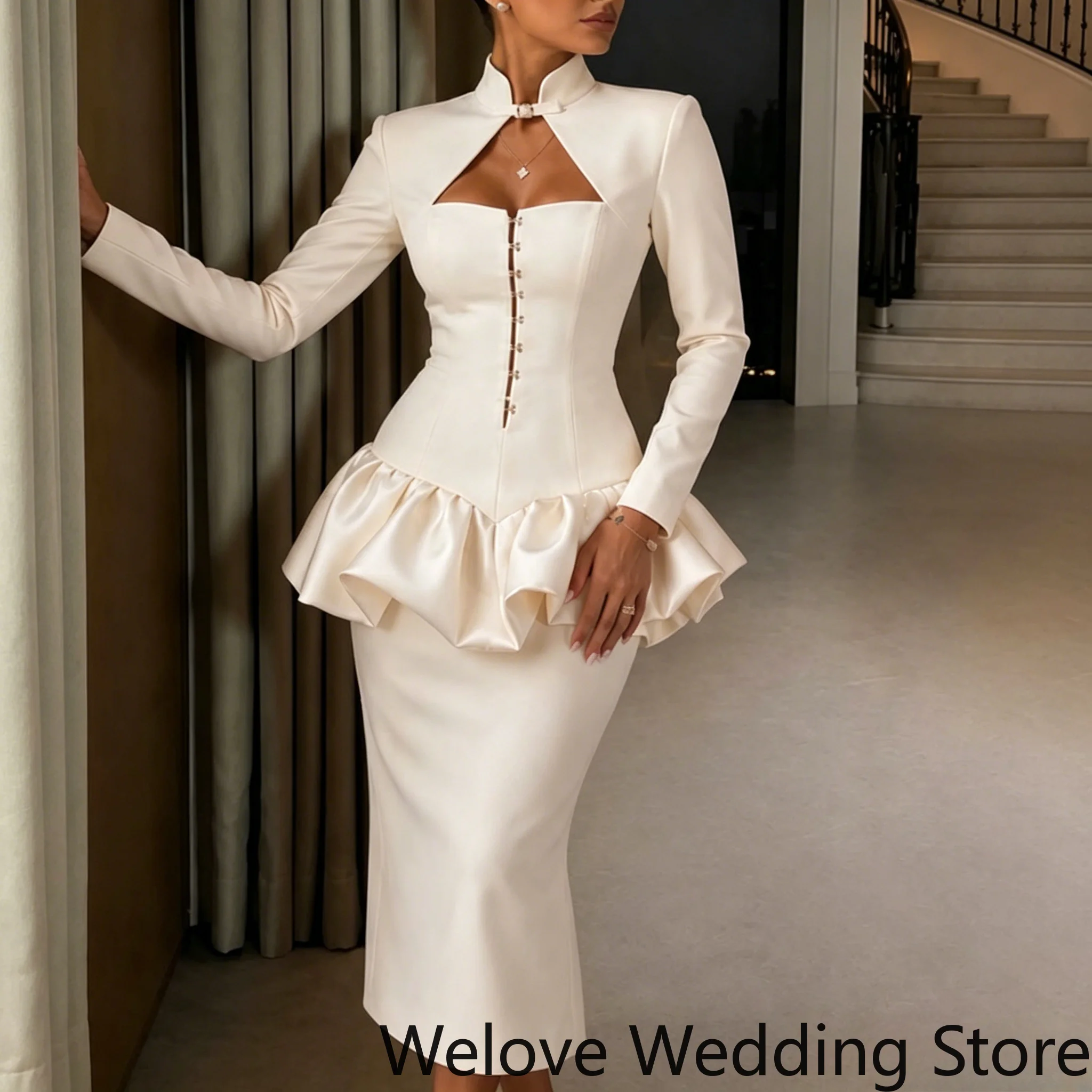 Modern Elegant Satin Midi Evening Dress Featuring Modified Mandarin Stand Collar, Front Triangle Keyhole Cutout