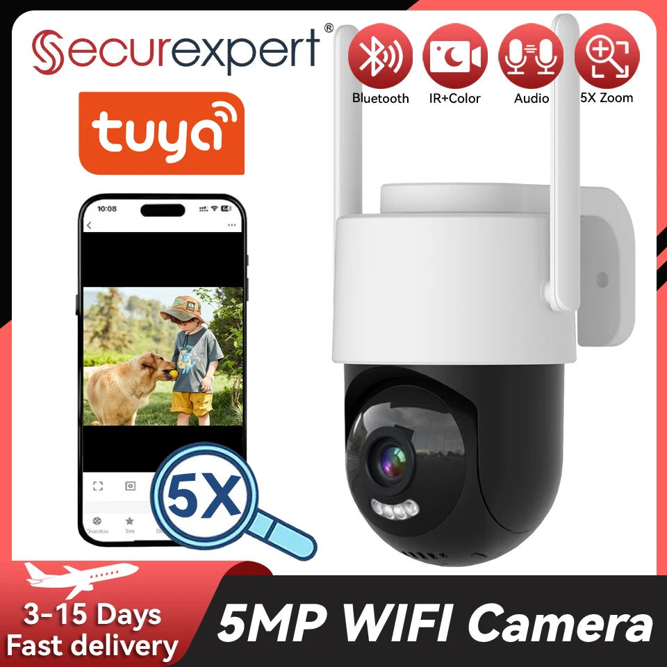 

Уличная Wi-Fi PTZ-камера 5 МП с 5-кратным зумом, полноцветным ночным видением, автоматическим отслеживанием человека, Tuya Smart, для видеонаблюдения