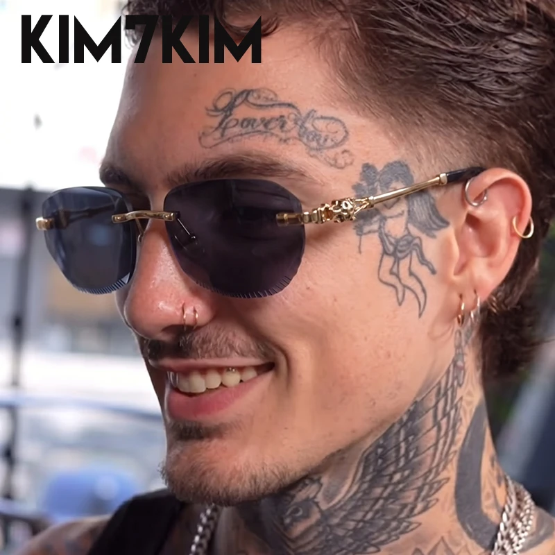 Vintage Rimless Sunglasses Men 2026 Luxury Brand Square Punk Leopard Head Cut Edge Metal Frame Eyewear Steampunk Outdoor Shades