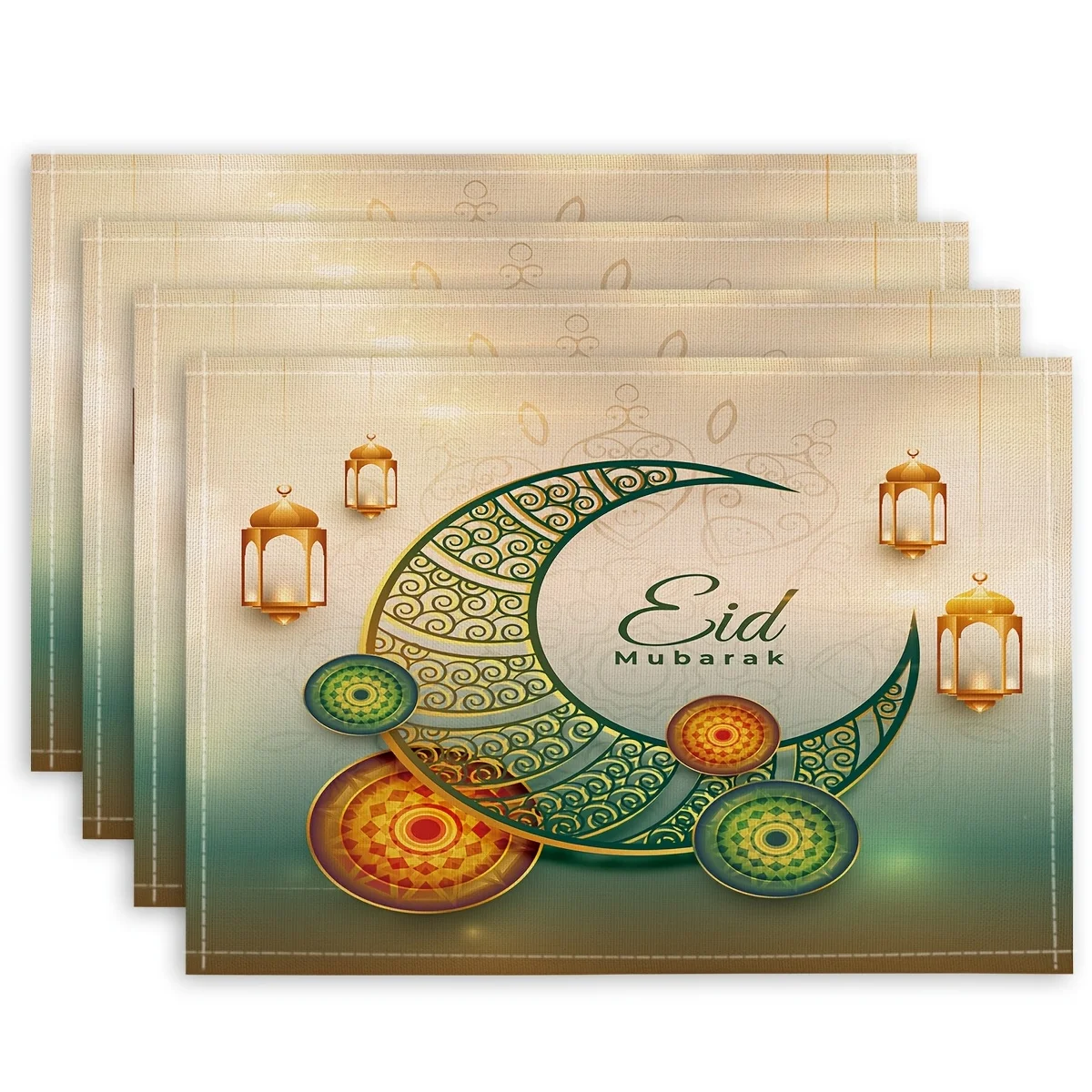 1PC Ramadan Placemat, Colorful Linen Placemat for Eid Celebrations, Moon Circle & Lamp Printed, Eid Fabric Decorative Table