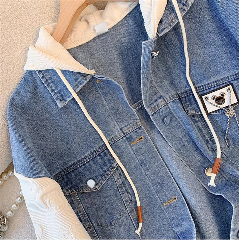 Spring And Autumn Female Fake Two Hooded Denim Jackets Women\'s Casual Baseball Jerseys 2024 New Loose Student Jacket Top Trend