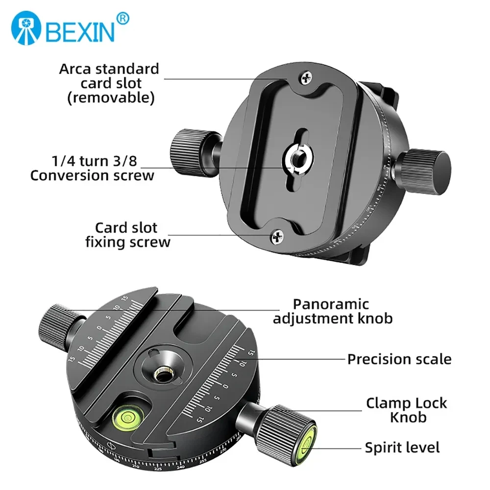 BEXIN QJ-08 Universal Panoramic Rotating Quick Release Base Photography Tripod Head Quick Release Plate Clamp for DSLR Camera