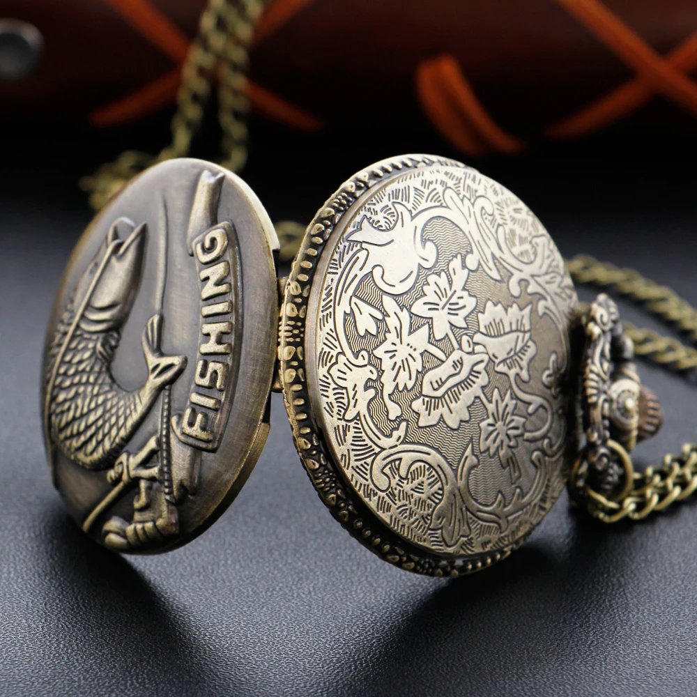 Bronze Fishing Theme Competition Award Quartz Pocket Watch Vintage Necklace Pendant Universal Clock Gift for Boys and Girls