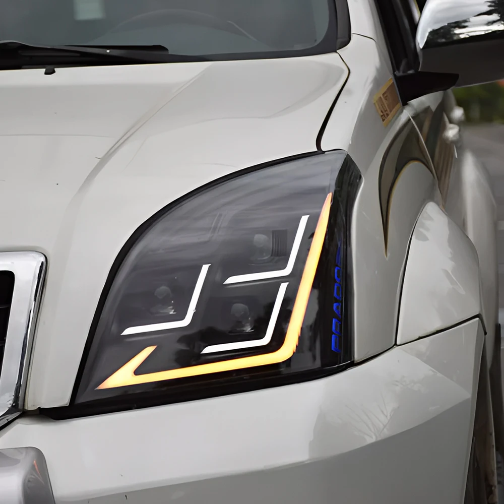 

Автомобильные передние фонари для Toyota Prado 2004-2009, светодиодные автомобильные фары, новые модернизированные три линзы проектора, динамические аксессуары, лидер продаж