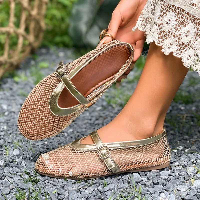 Women Flat New Mesh Hollow Breathable Sandals 2026 Summer Fashionable Round Toe Female Shoes Casual Comfort Soft Soled Sandals