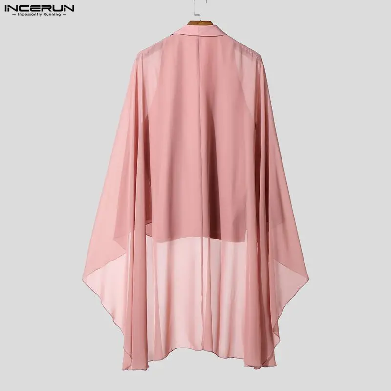 INCERUN الرجال غير النظامية قميص المرقعة انظر من خلال كم طويل الرجال الملابس الشارع الشهير موضة الحفلات قمصان طويلة نمط قمصان #5