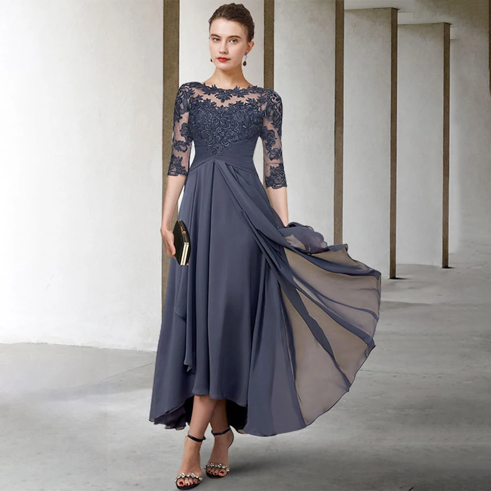 

Wedding Guest Dresses Dark Gray Chiffon 3/4 Sleeves Elegant Mother of the Bride Dress 2023 Applique Asymmetrical Formal Gowns