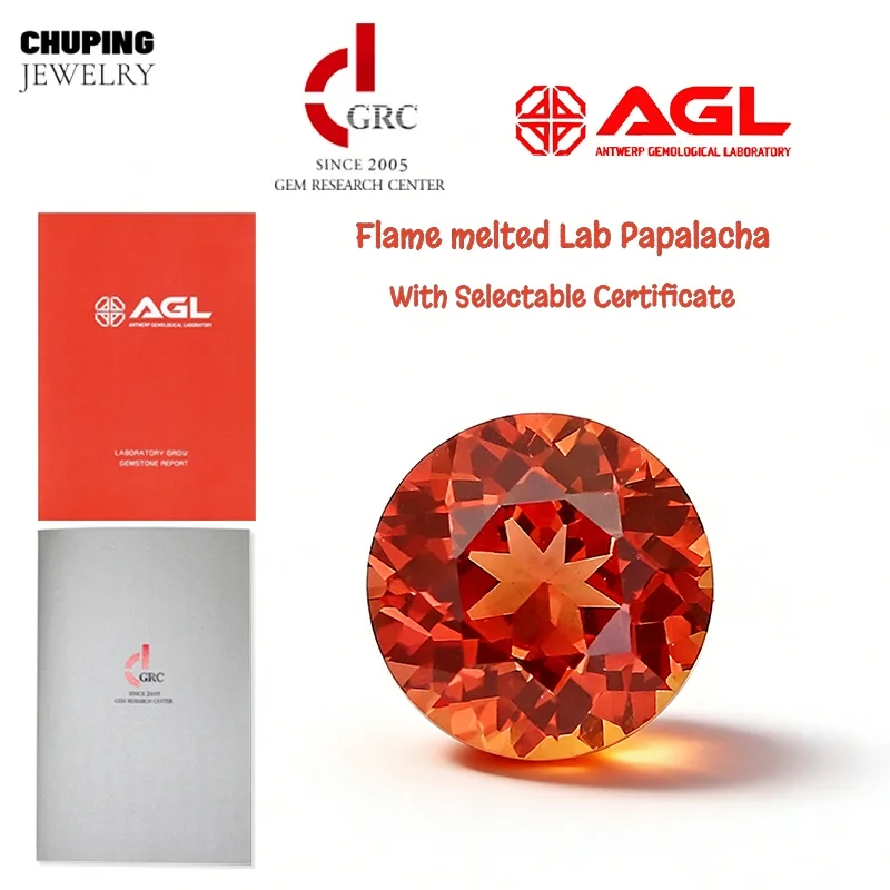 

Wholesale Lab Grown Padparadscha Round Cut Flame Melted Loose Gemstone For Charms DIY Jewelry Making Selectable AGL Certificate