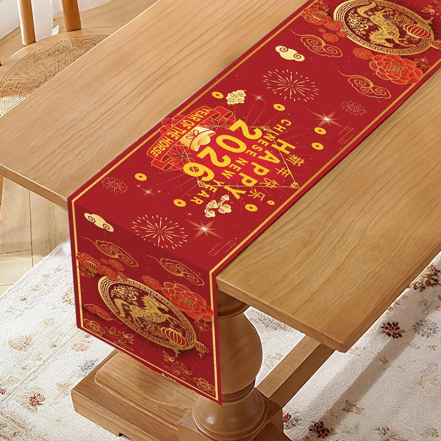 السنة الصينية الجديدة الكتان الجدول عداء ديكور الحفلات 2026 الحصان موضوع الأحمر الذهب المطبخ طاولة طعام عداء القمرية السنة الجديدة الزينة