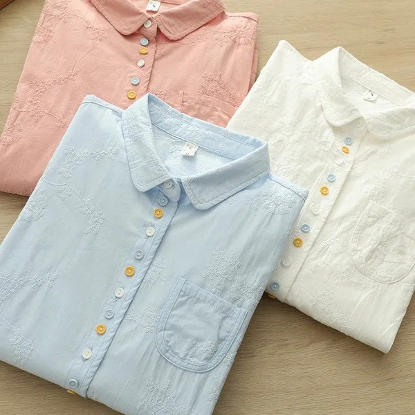 

[Готовый запас] Высококачественная женская блузка из 100% хлопка, рубашка с вышитыми лацканами и длинными рукавами, свободная повседневная жаккардовая рубашка, узкий топ