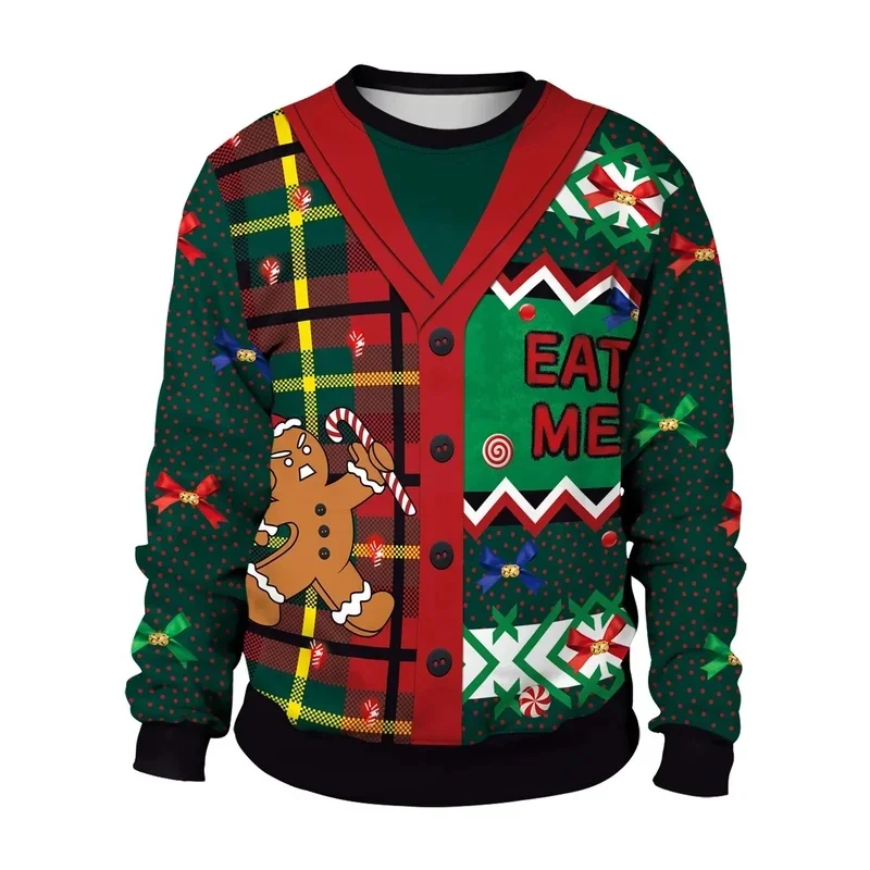 Men Women Xmas Sweatshirt 3D Christmas Wine Glass Bell The Gingerbread Man Print Ugly Christmas Sweater Holiday Party Jumper Top - view 5