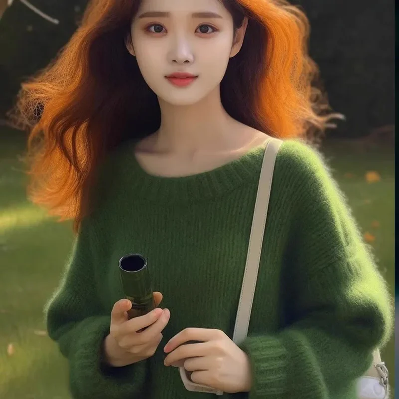 ملابس نسائية سترات سميكة صلبة بسيطة للخريف والشتاء سترة كلاسيكية فضفاضة برقبة دائرية بلوفرات دافئة مريحة