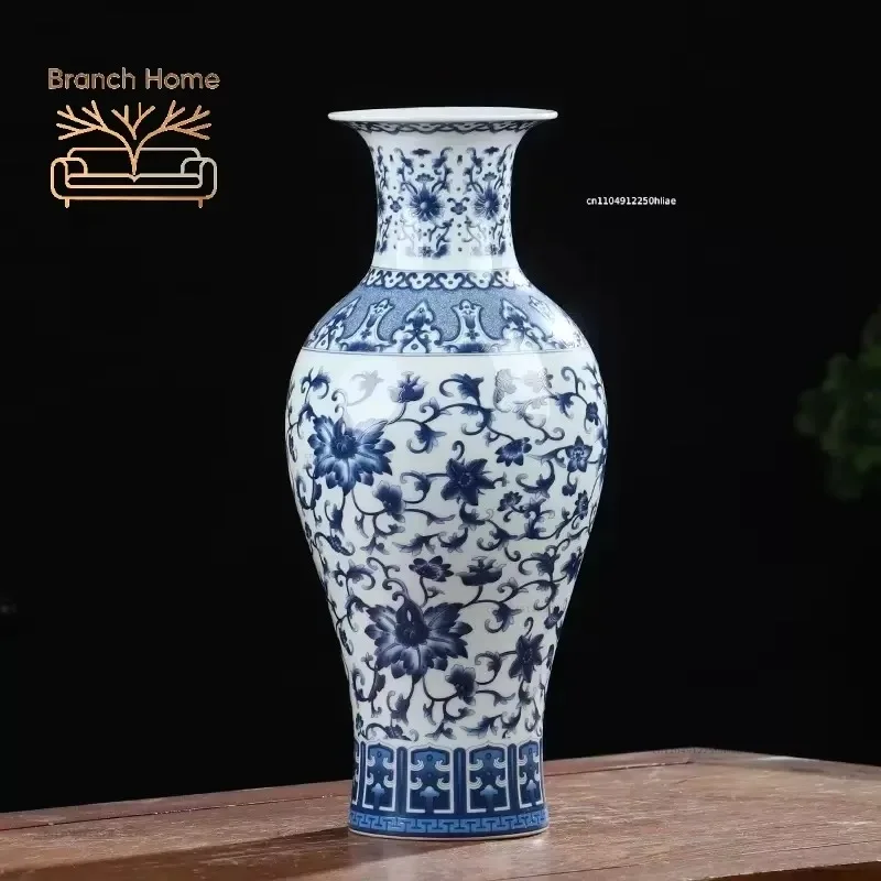 Jingdezhen Porcelain Antique Blue and White Porcelain Vase Decoration Living Room Flower Arrangement Chinese Large Decorative Ha