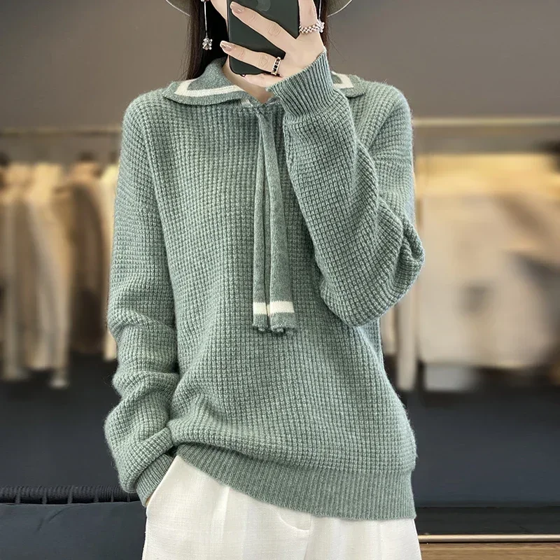 Tailor Sheep 100% Wool Cashmere Sweater for Women's Solid Color Knitted Loose Sleeved Wool Lapel Pullover in Autumn Winter