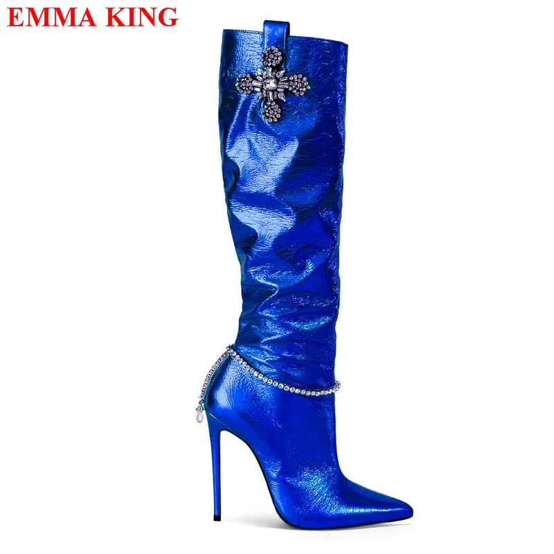 

New Female Crystal Knee High Boots Fashion Winter Autumn Slim Pointed Toe High Heels Long Boots Women Party Shoes Woman 2022