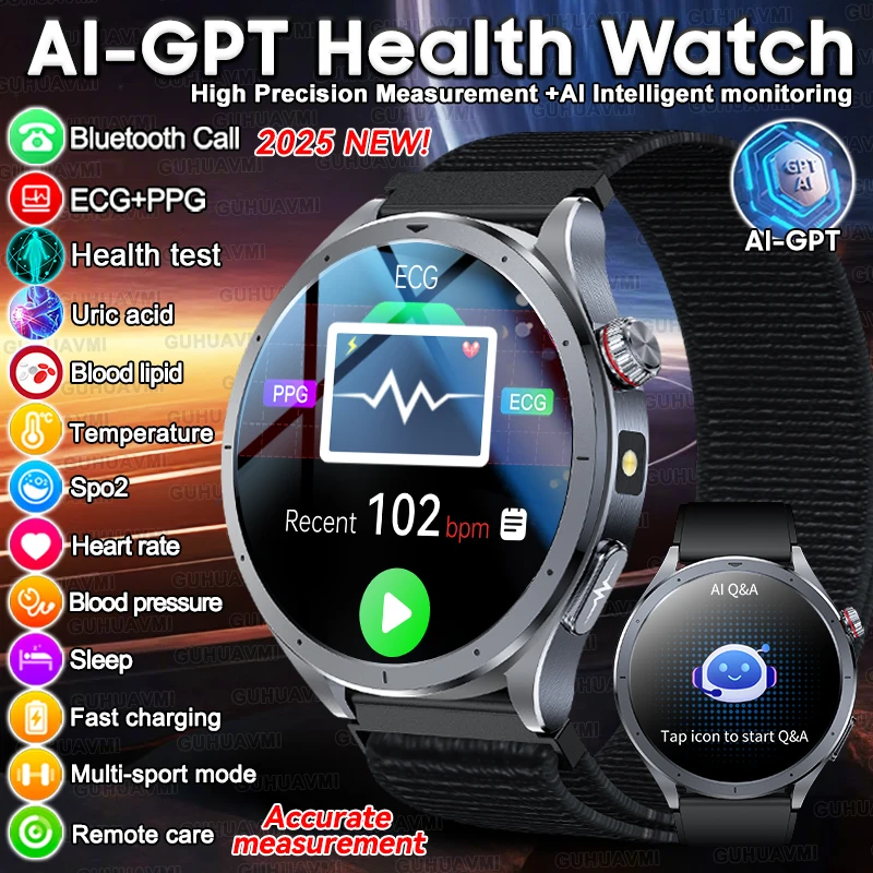 

2025New AI Health Diagnosis ECG+PPG SmartWatch Uric Acid Blood Pressure lipids Body Analysis Bluetooth Call Smartwatch Men Women