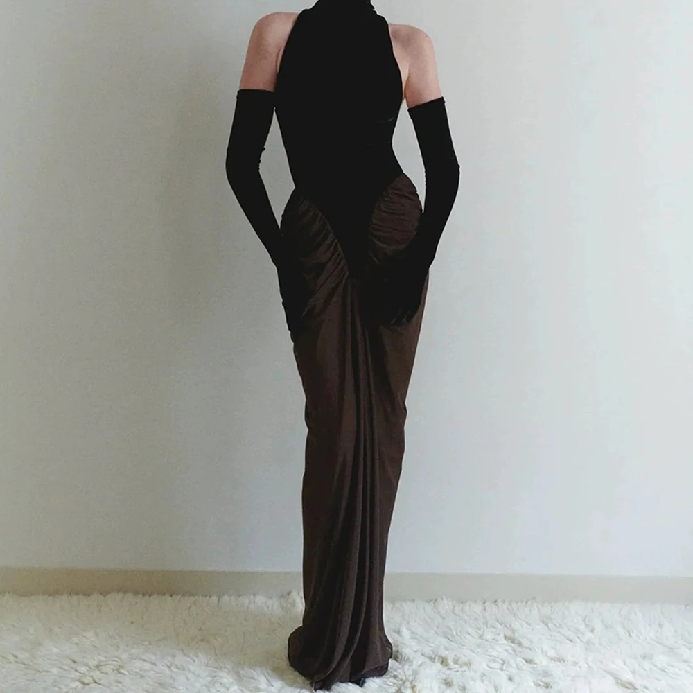 

New Velvet Mesh Splicing Dress Women's High Neck Sleeveless Slim Temperament Evening Dress-GZXX426