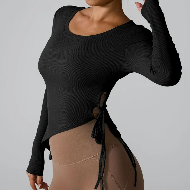 Women's Slim Yoga Side Long Sleeve Drawstring T-shirt Temperament Women Clothes Running Sports Round Neck Skinny Pullover Top