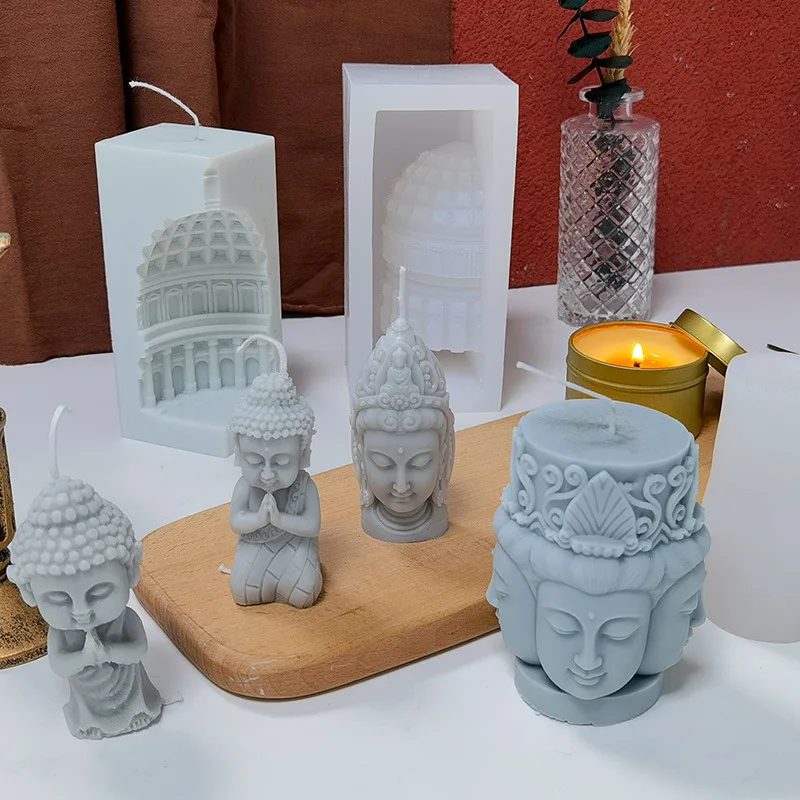 Buddha Statue Dome Candle Silicone Mold Avalokitesvara Tathagata Four-faced Buddha Gypsum Soap Cement Resin Mould Home Decor