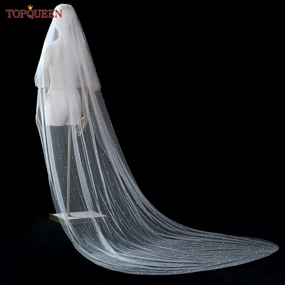 TOPQUEEN V91 Sparkling White Champagne Glitter Pearl Veil Double Layer Blush Tulle Wedding Accessories Bridal Short Veil