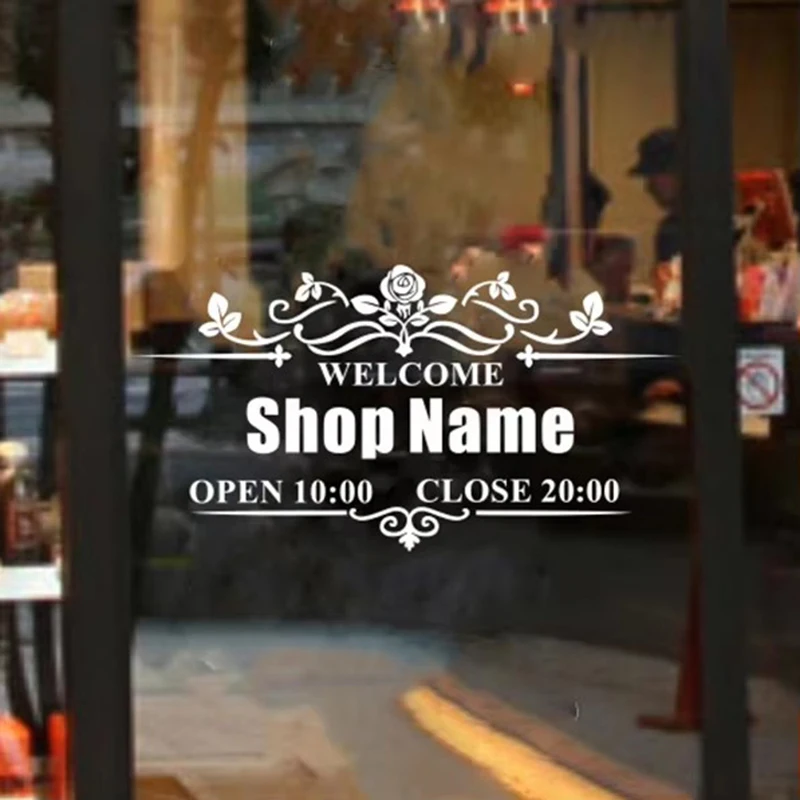 Tienda Weclome signo vinilo pegatina personalizada cualquier tienda nombres ventana calcomanías horas de trabajo puerta vinilo murales decoración vinilo arte AZ1005