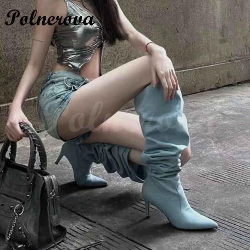 Folded Pointed Toe Stiletto Wide Tube Boots for Women Large Tube Boots Push Push Boots Long Tube Large Size Ladies Boots