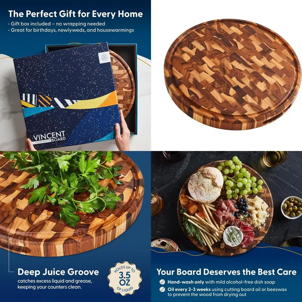 

15 Round 1.5 Thick End Grain Teak Wood Cutting Board with Juice Groove, Built-in Handles & Gift Box