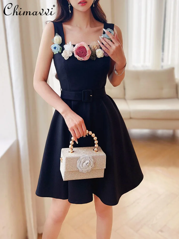 

New 2024 Summer Fashion Romantic Neckline Rose Dress Fashion High Waist Slimming Temperament Black Belt Above Knee Dresses