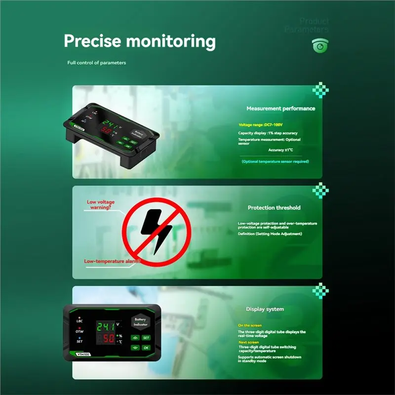 DTB7 Battery Indicator Coulometer DC7-100V Voltage Capacity Tester Battery Monitor with Temperature Sensor