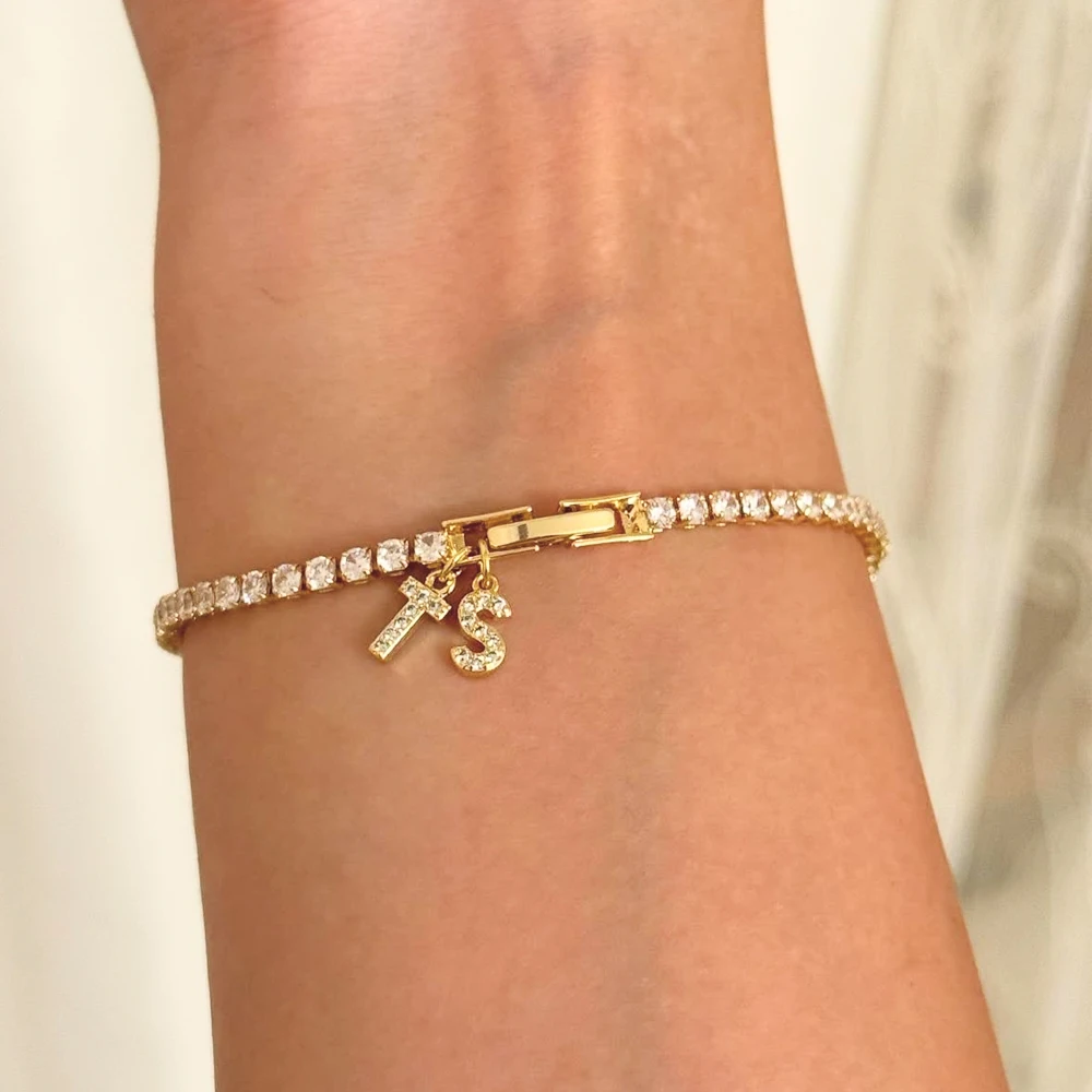 Pulseras de tenis con 26 letras iniciales brillantes en color plata y oro para mujer, regalo de fiesta, joyería