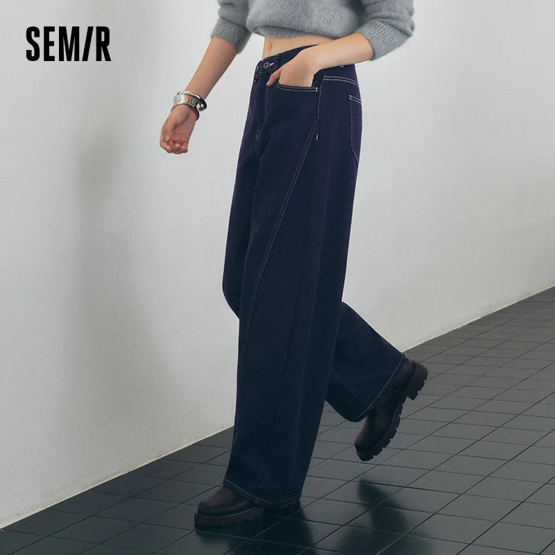 Semir Women Denim Jeans Brushed Fleece Panel Design Loose Fit Curved Leg Minimal Design 2026 New Winter Daily Wear