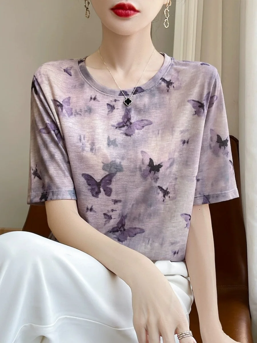 Tie Dye Print Vintage Women's Loose Silk Base irt Spring Summer New Sle Faionable T-irt Top Small irt round Ne ...