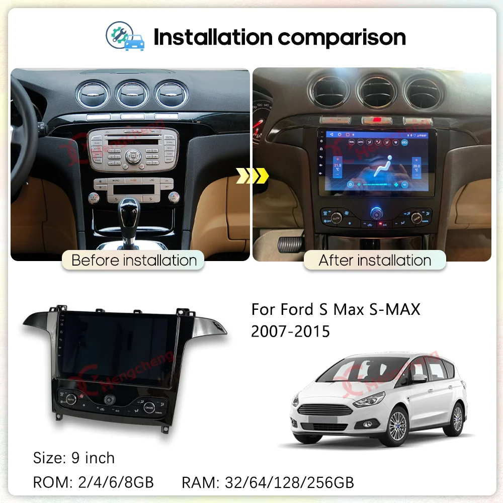 9Inch For Ford S Max S-MAX 2007-2015 Car Multimedia Video Player GPS Navigation Radio Android 13 8Core Carplay Auto 4G 360Camera