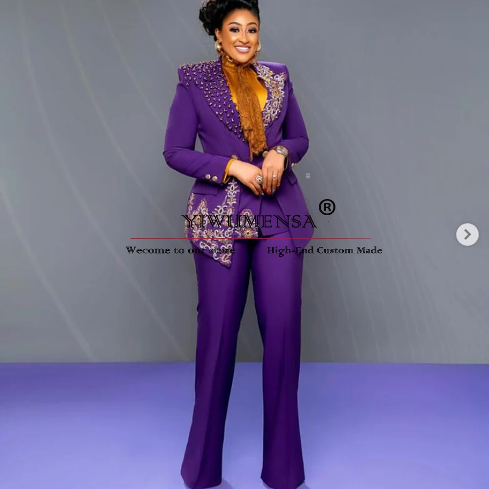 Luxury Purple Pants Sutis Women Handmade Colorful Crystals Beading Prom Blazer Prom Blazer Mother Of Bride Dress 2 Pieces Tuxedo