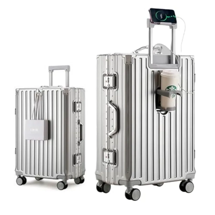 

PC Hard Shell Luggage with Aluminum Frame, Suitcase with Cup Holder and USB Port, Zipperless Luggage for Business Travel