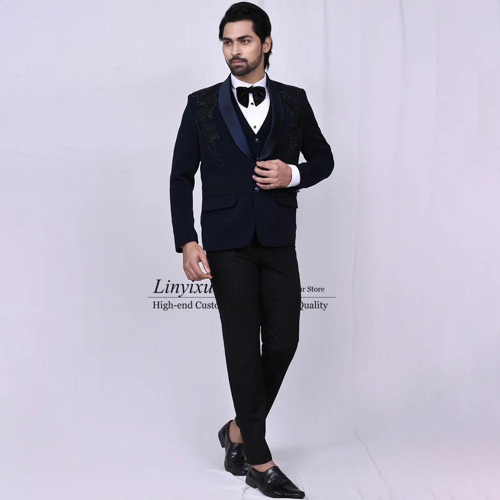 Elegant Hand Embroidered Men Suits Groom Tuxedos 3 Pieces Luxury Bridegroom Blazers Male Bespoke Jacket Pants Ternos Completo