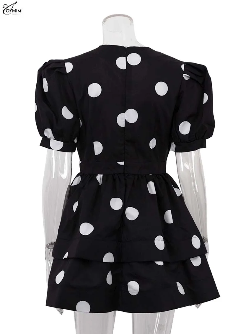 Oymimi Fashion Black Print Dresses 2025 Woman Elegant Deep V-Neck Short Sleeve Dresses Casual High Waisted Pleated Mini Dress