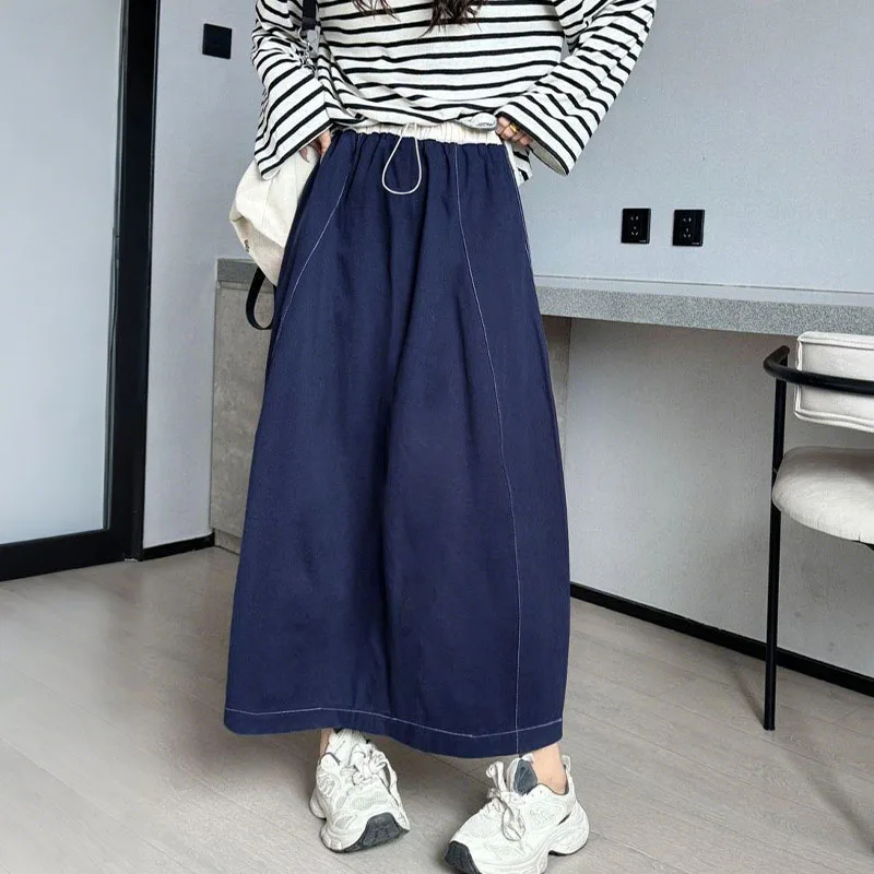 Casual Women's Skirts Spring Summer High Waist A-line Denim Skirts Retro Harajuku Collage Pleated Long Skirts Female Streetwear