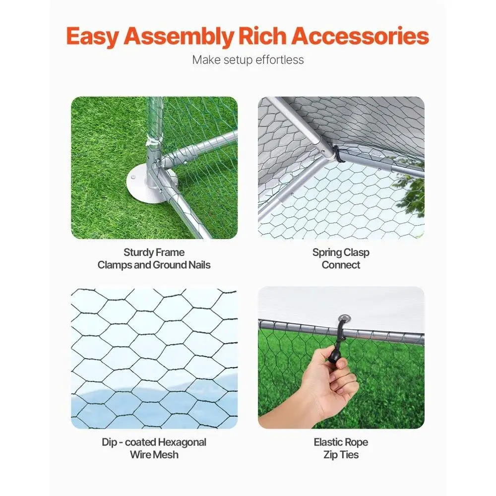 金属製鶏小屋、ウォークイン式、屋根付き尖塔、9.8フィート x 26.2フィート x 6.5フィート、屋外鶏小屋、ガーデン囲い