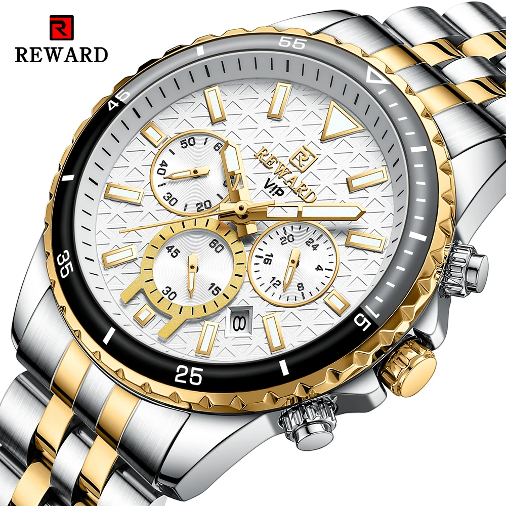 REWARD New Quartz Men\'s Watches Stainless Steel Luxury Brand Waterproof Wrist Watch for Men Luminous Calendar Watch Male