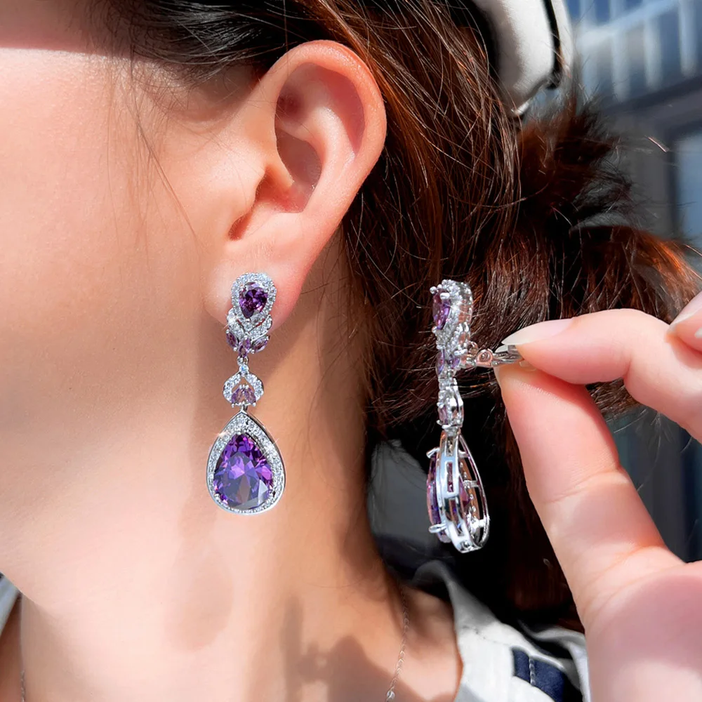 CWWZircons Bezaubernder lila Wassertropfen-Ohrclip mit Zirkonia-Besatz, Ohrringe ohne Ohrloch für Damen, Abendparty-Schmuck EJ0045 – Detail 2