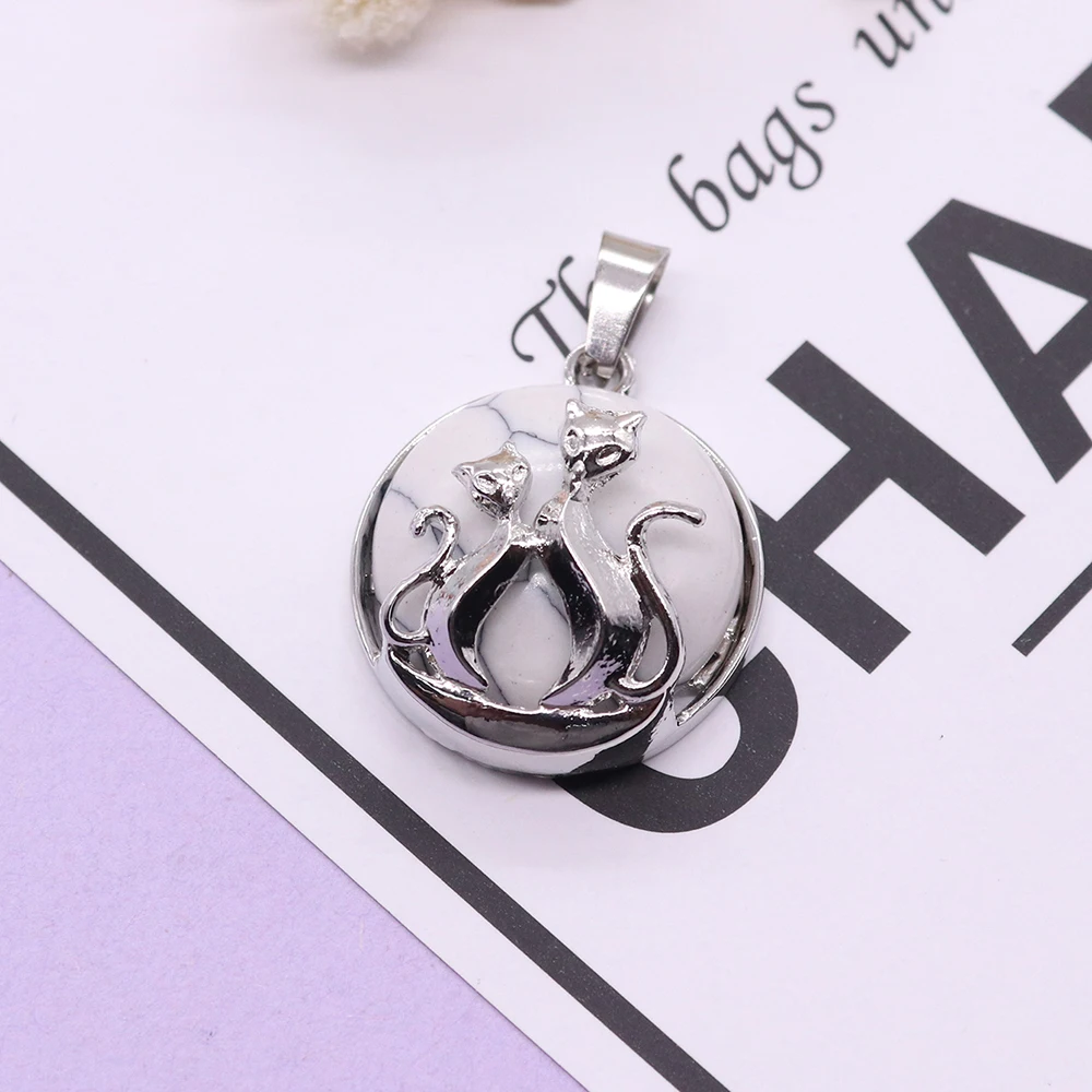 Natural Stone Pendant Lapis Watermelon Crystal Howlite Silver Color Cat Charms for Jewelry Making DIY Necklace Kitten Accessory