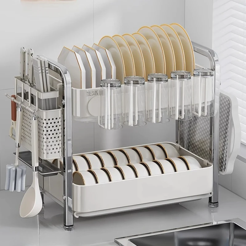 

Kitchen Dish Drainer Over Sink Drying Rack for Plates & Cup Multi-Layer Utensils Organizer Space-Saving Cutlery Holder