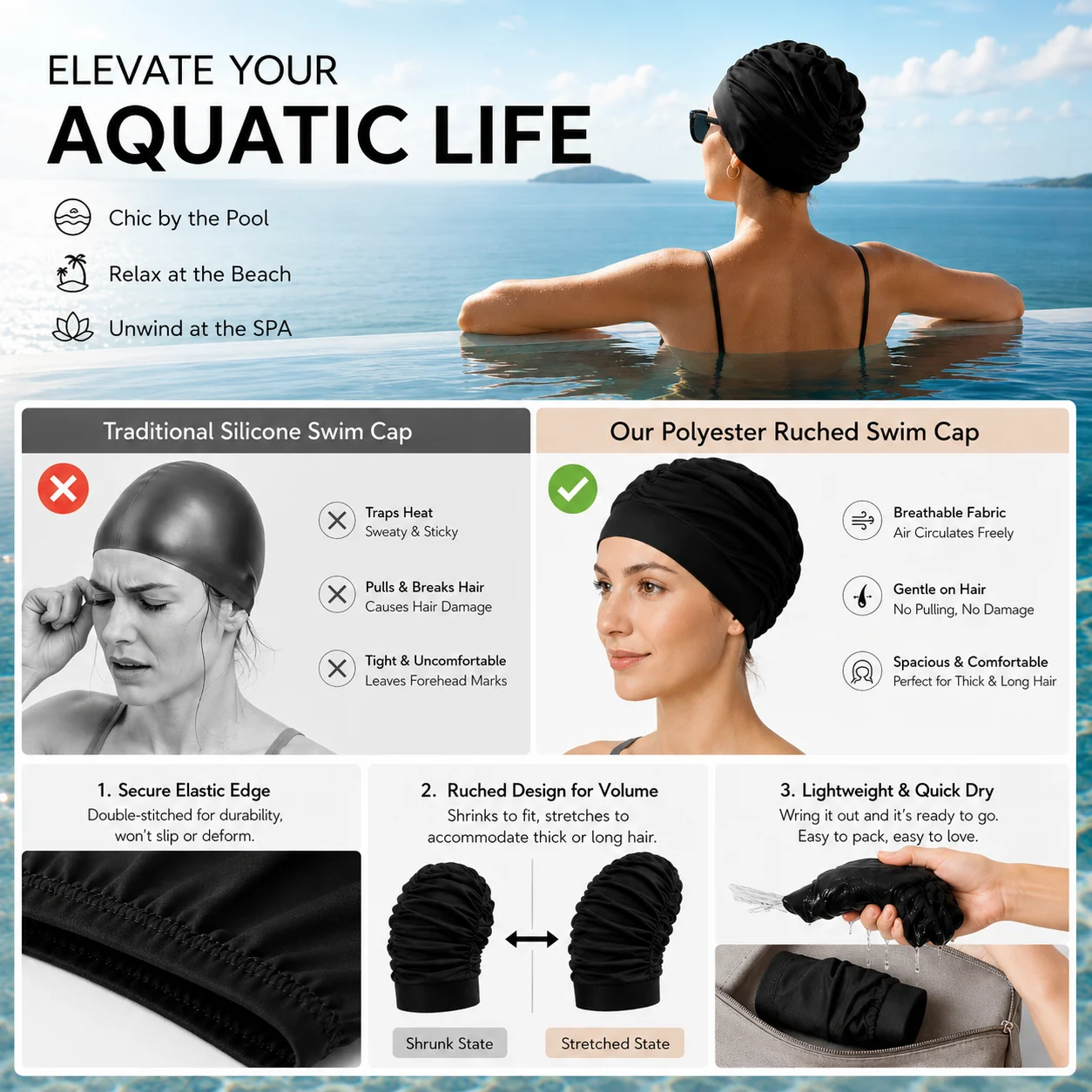 Pleated Elastic Nylon Fabric Swim Caps For Women Long Hair Comfortable Bathing Swim Hat For Pool Swimming