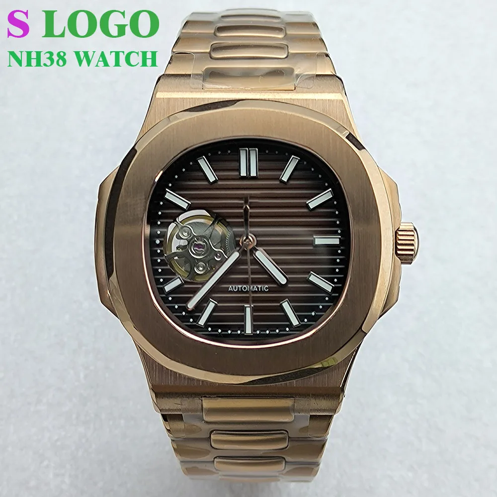 Nuevo reloj NH38 de acero inoxidable para hombre, reloj mecánico con esfera hueca, movimiento NH38, logo S, gafas de zafiro