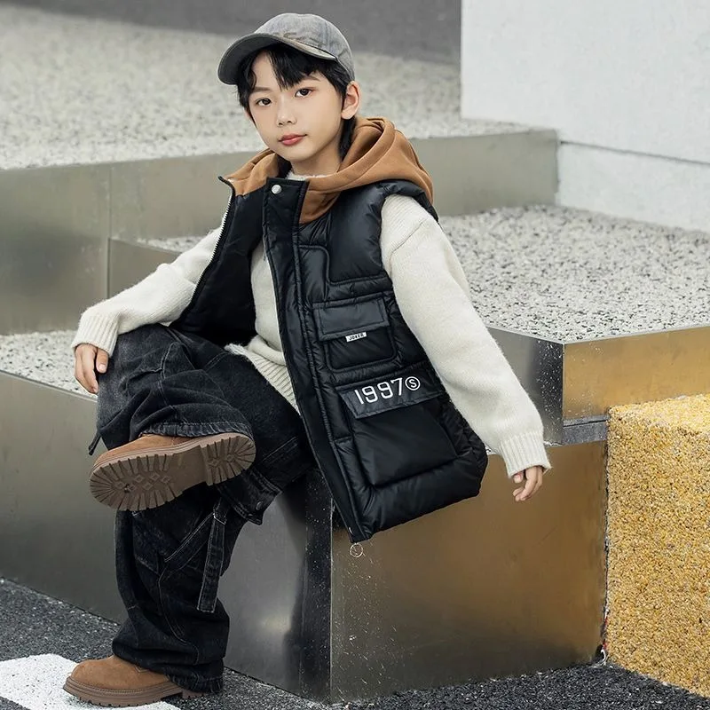 Boys' Winter Hooded Vest Thickened Cotton Outdoor Stylish Design Kids Ages 6-12