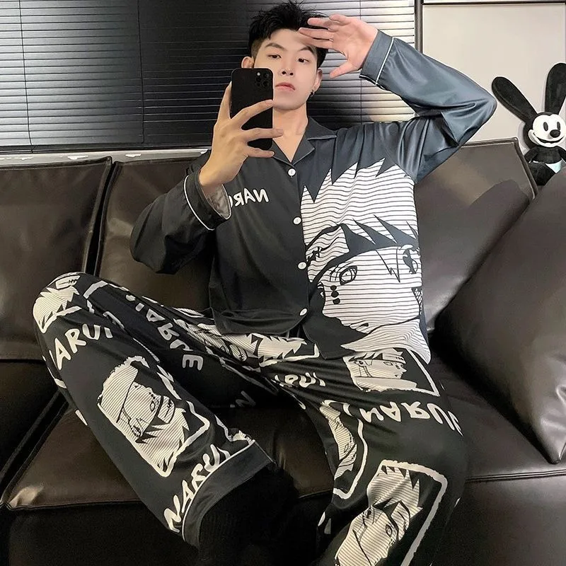 Naruto anime herenpyjama puur katoenen broek met lange mouwen dunne lente en herfst cartoon losse grote maat huiskledingset