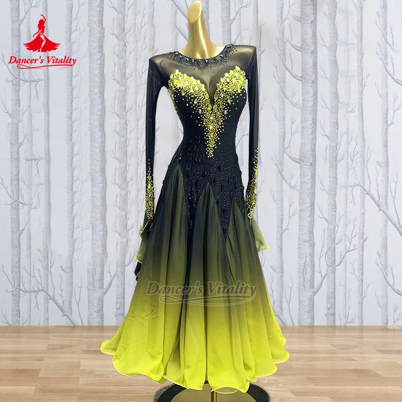 Vestido de manga larga con degradado de color para adultos y adolescentes, estilo Foxtrot Waltz, personalizable, para bailarines, que realza la vitalidad, ropa para danza social adulta con perspectiva.